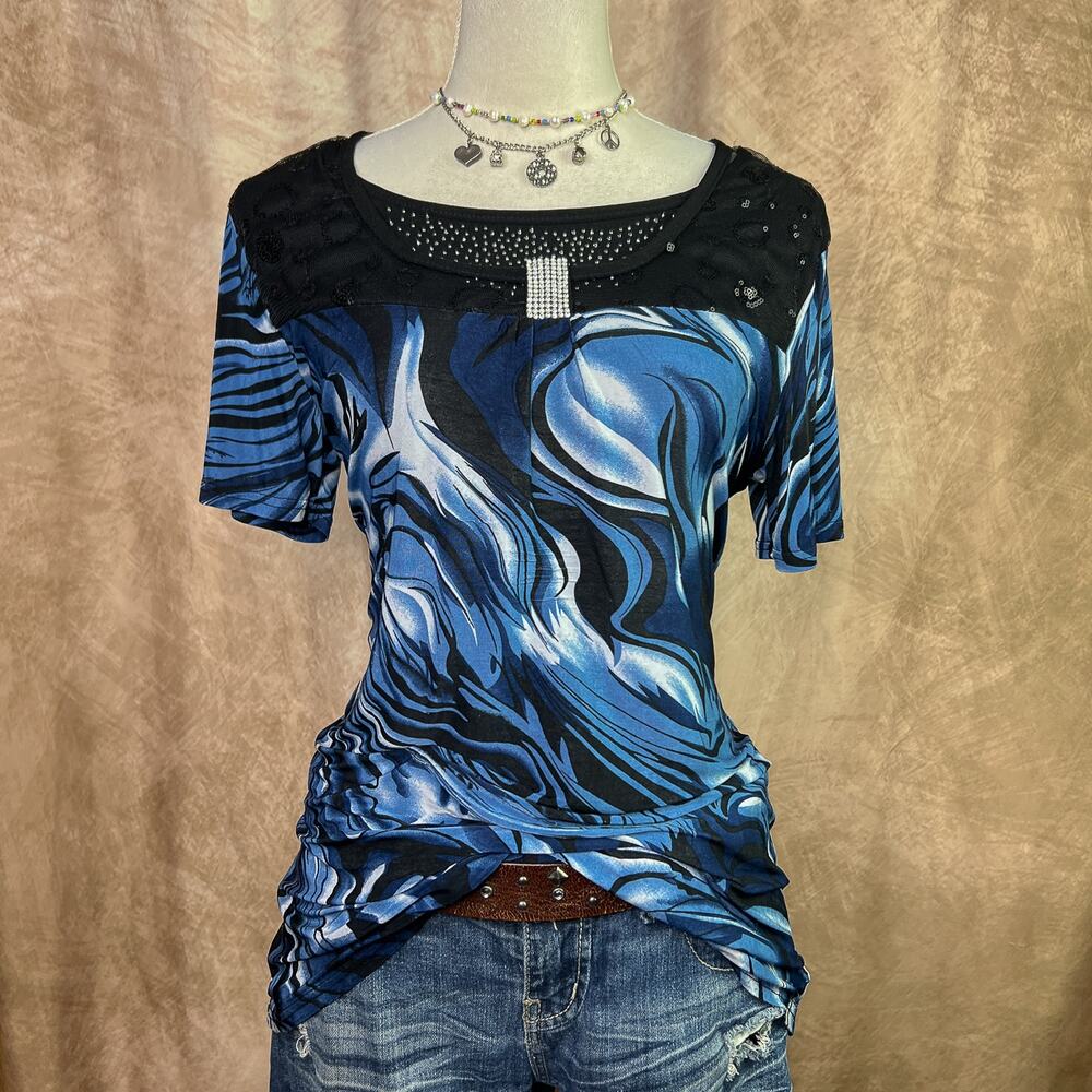 Vintage Y2K Top Abstract Print Rhinestone Mesh Neckline Sequin Blue Flowy Euro